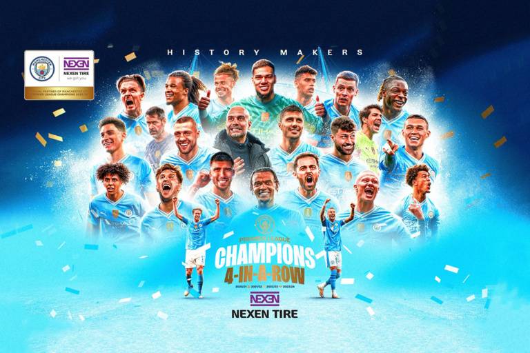 Manchester City team celebrating their 2023/24 Premier League victory.