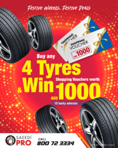 Buy 4 tyres and win AED 1,000 shopping voucher at Saeedi Pro festive December promotion Post.