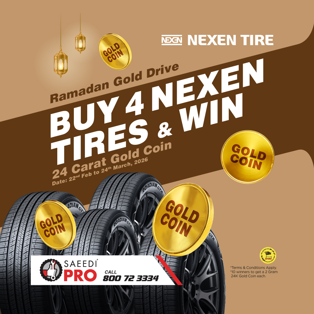 NEXEN Ramadan Gold Drive promotion at Saeedi Pro Dubai offering a chance to win a 2g 24K gold coin with purchase of 4 Nexen tyres.