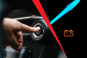 Close-up of a high-heat-resistant VARTA AGM car battery installed in a vehicle, showing clean terminals and secure connections.