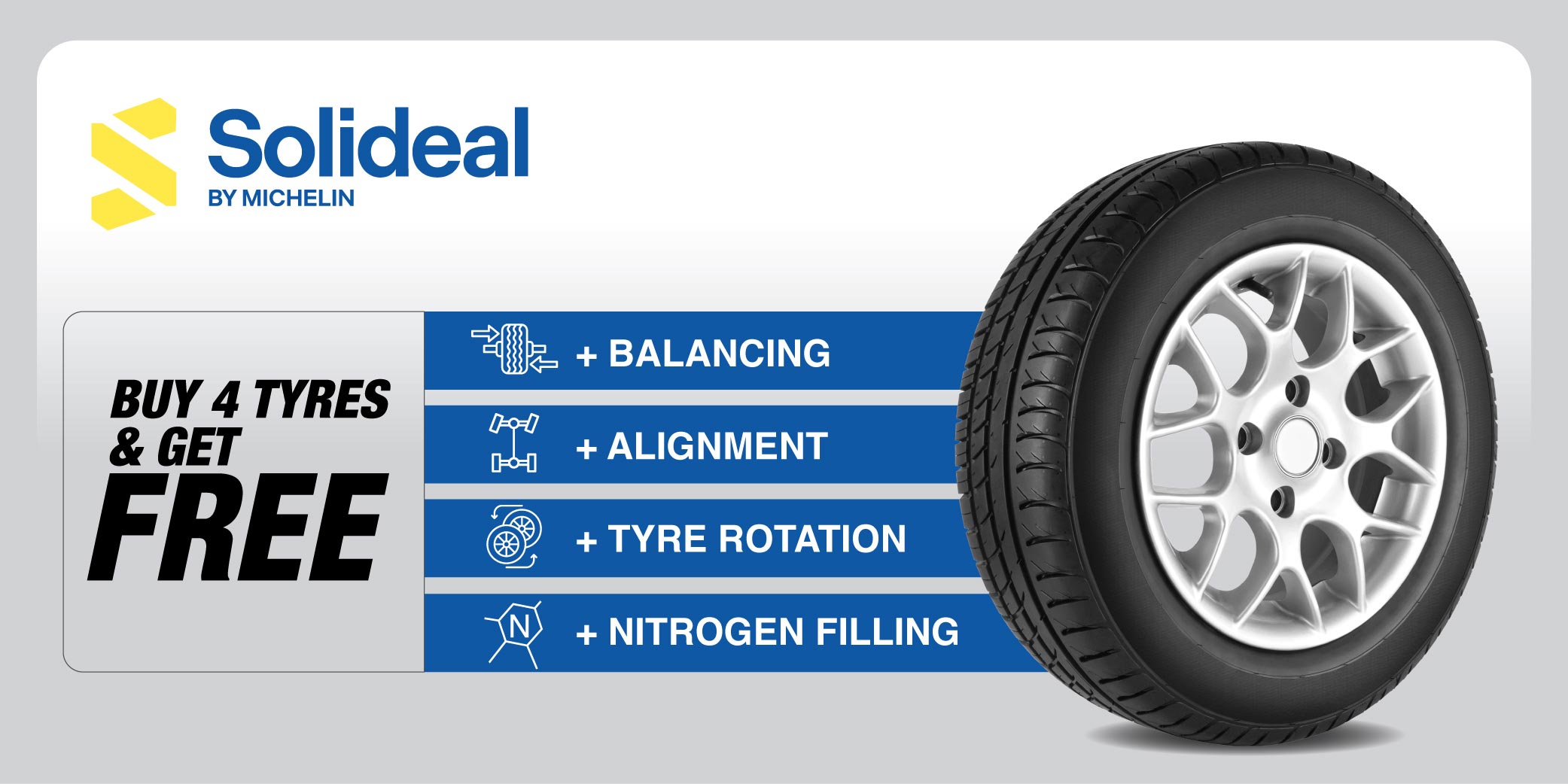 Solideal by Michelin tyre offer – buy 4 tyres and get free balancing, alignment, tyre rotation and nitrogen filling with premium car tyre display.