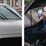Technician installing Bosch wiper blades and performing a car AC gas refill for a vehicle in the UAE.