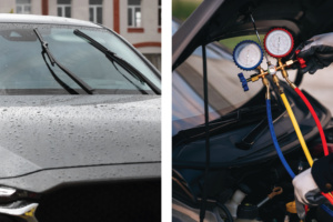 Technician installing Bosch wiper blades and performing a car AC gas refill for a vehicle in the UAE.