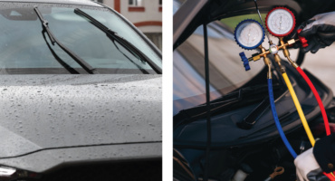 Technician installing Bosch wiper blades and performing a car AC gas refill for a vehicle in the UAE.