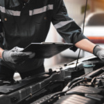 Technician installing Bosch wiper blades and performing a car AC gas refill for a vehicle in the UAE