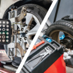 Professional technician performing computerized wheel alignment and balancing to improve car fuel efficiency in a UAE workshop.