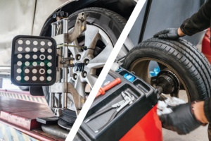 Professional technician performing computerized wheel alignment and balancing to improve car fuel efficiency in a UAE workshop.