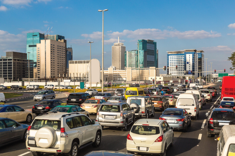 Car stuck in Dubai traffic with air conditioning struggling at idle