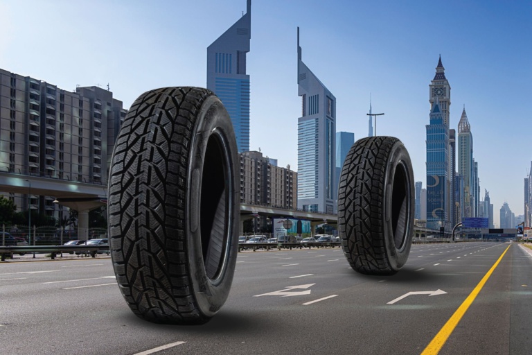 Two tyres on Sheikh Zayed Road in Dubai, choosing the best tyres for UAE roads and heat